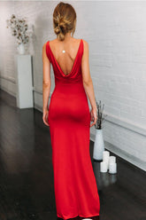 Elastic Satin V-neck Spaghetti Straps Red High Split Mermaid Prom Dress
